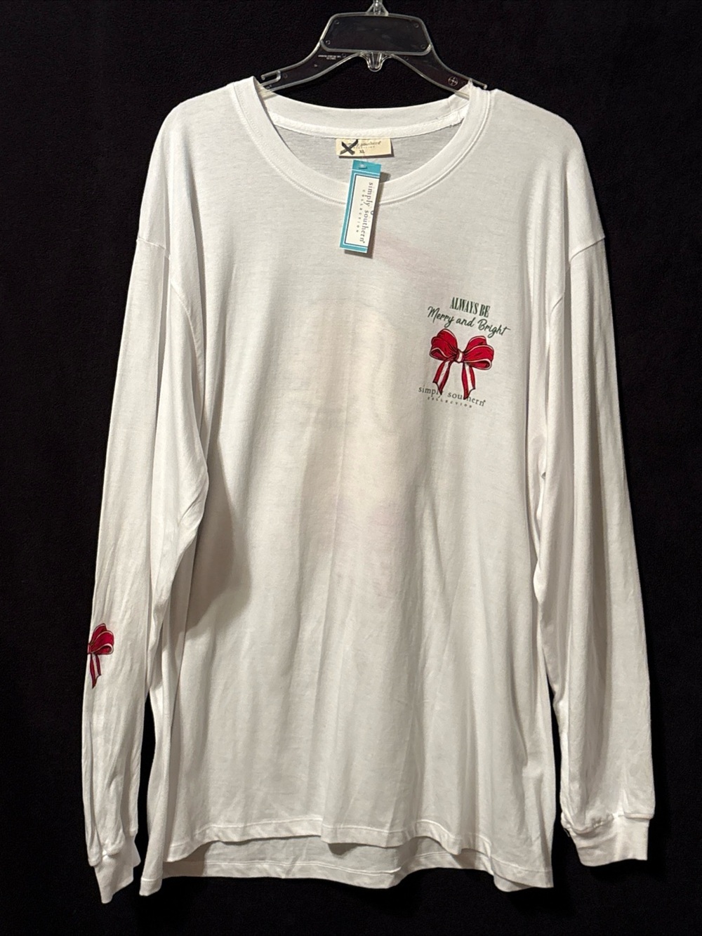 NWT Simply Southern White Long Sleeve Tee with Red Bow Chest and Sleeve Detail